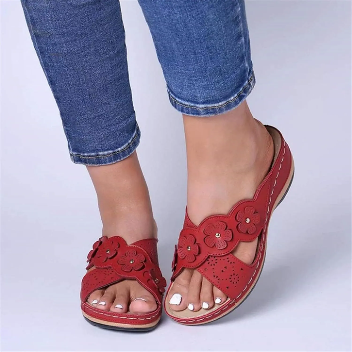 Women's Platform Wedge Orthopedic Sandals Comfort Open Toe Cross Strap Flowers Slide Sandal Slip On Slippers