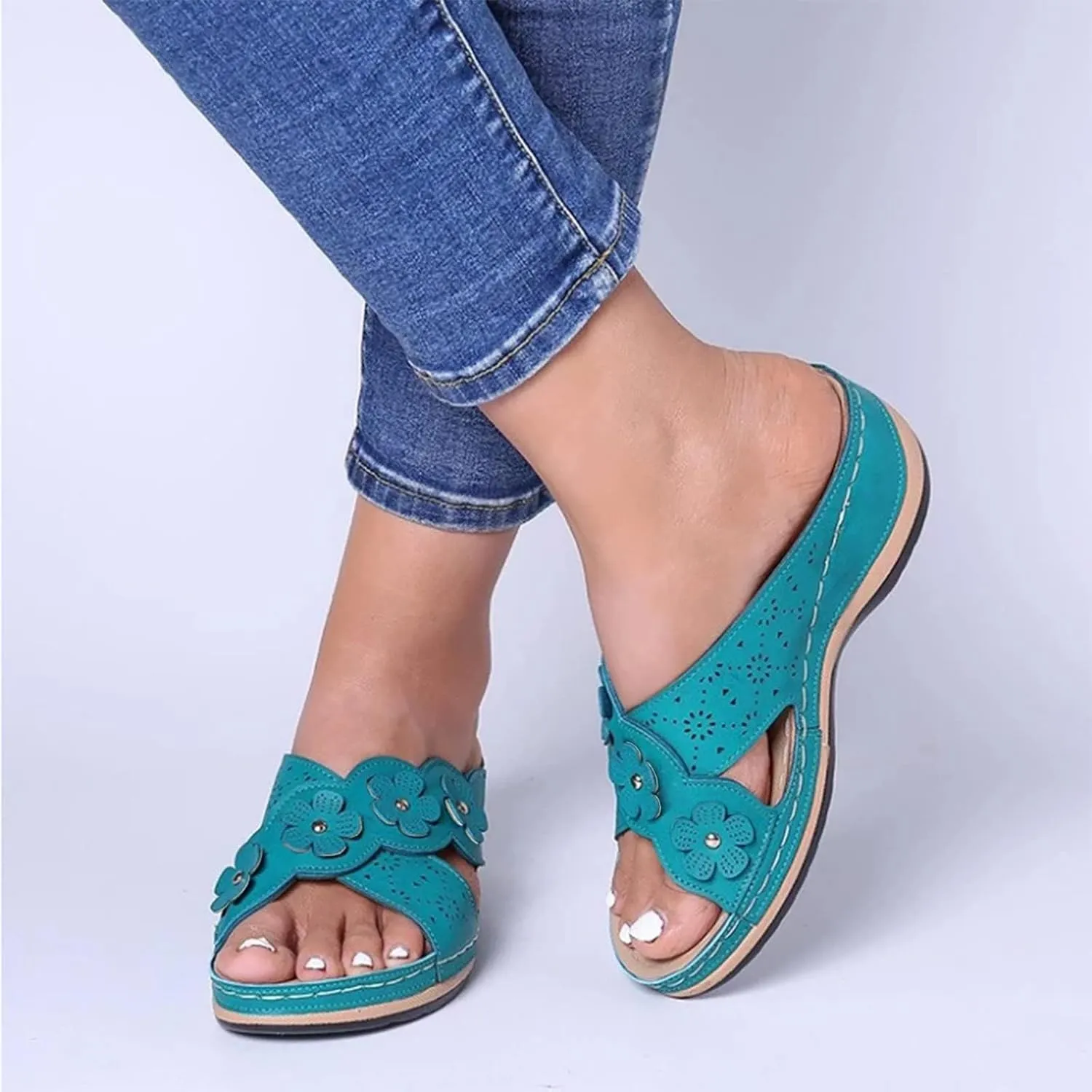 Women's Platform Wedge Orthopedic Sandals Comfort Open Toe Cross Strap Flowers Slide Sandal Slip On Slippers