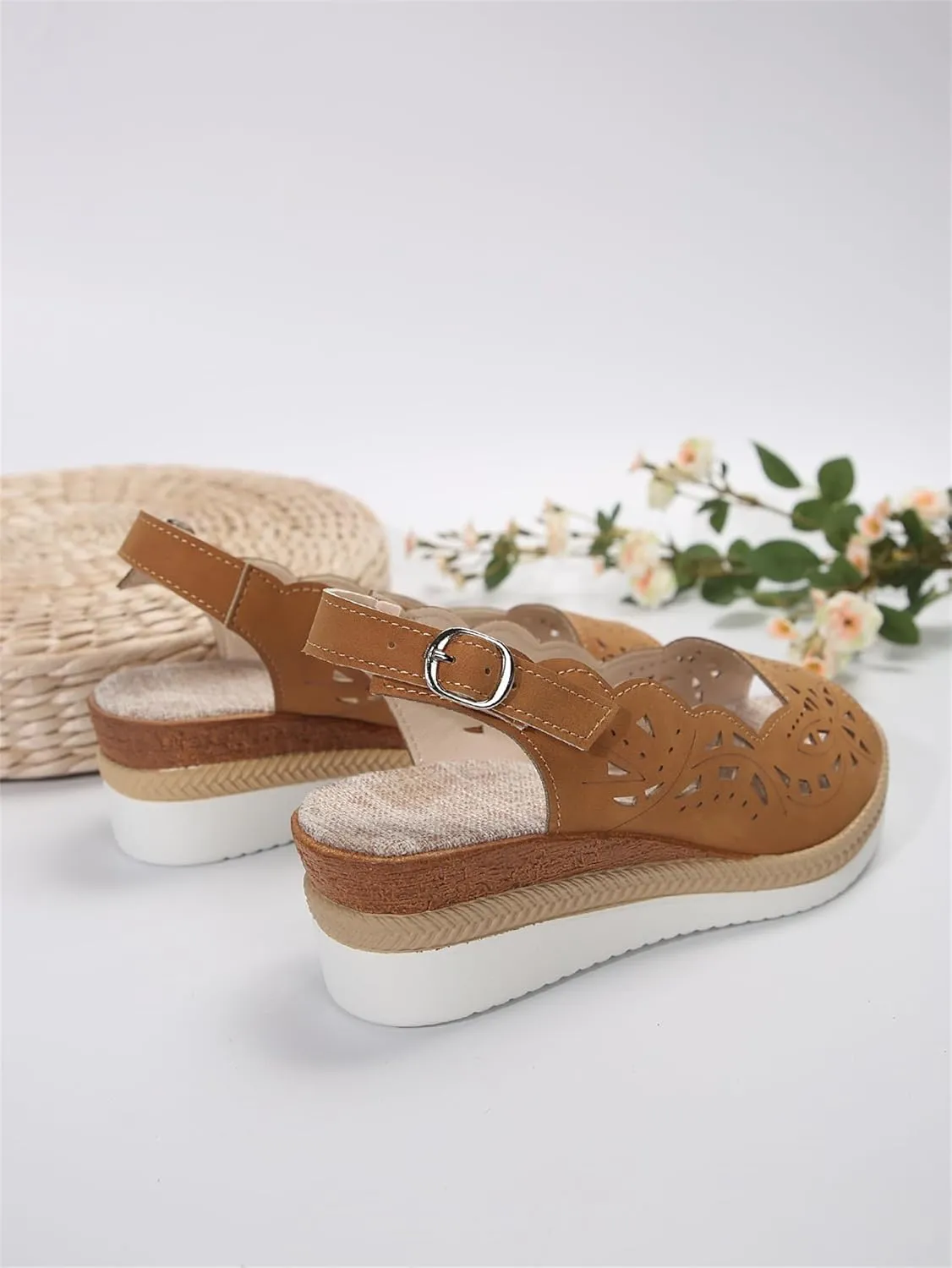 Women's Slingback Sandal Comfortable Platform Sandals Heel Cut-Out Vamp Peep Toe Buckle Sandals