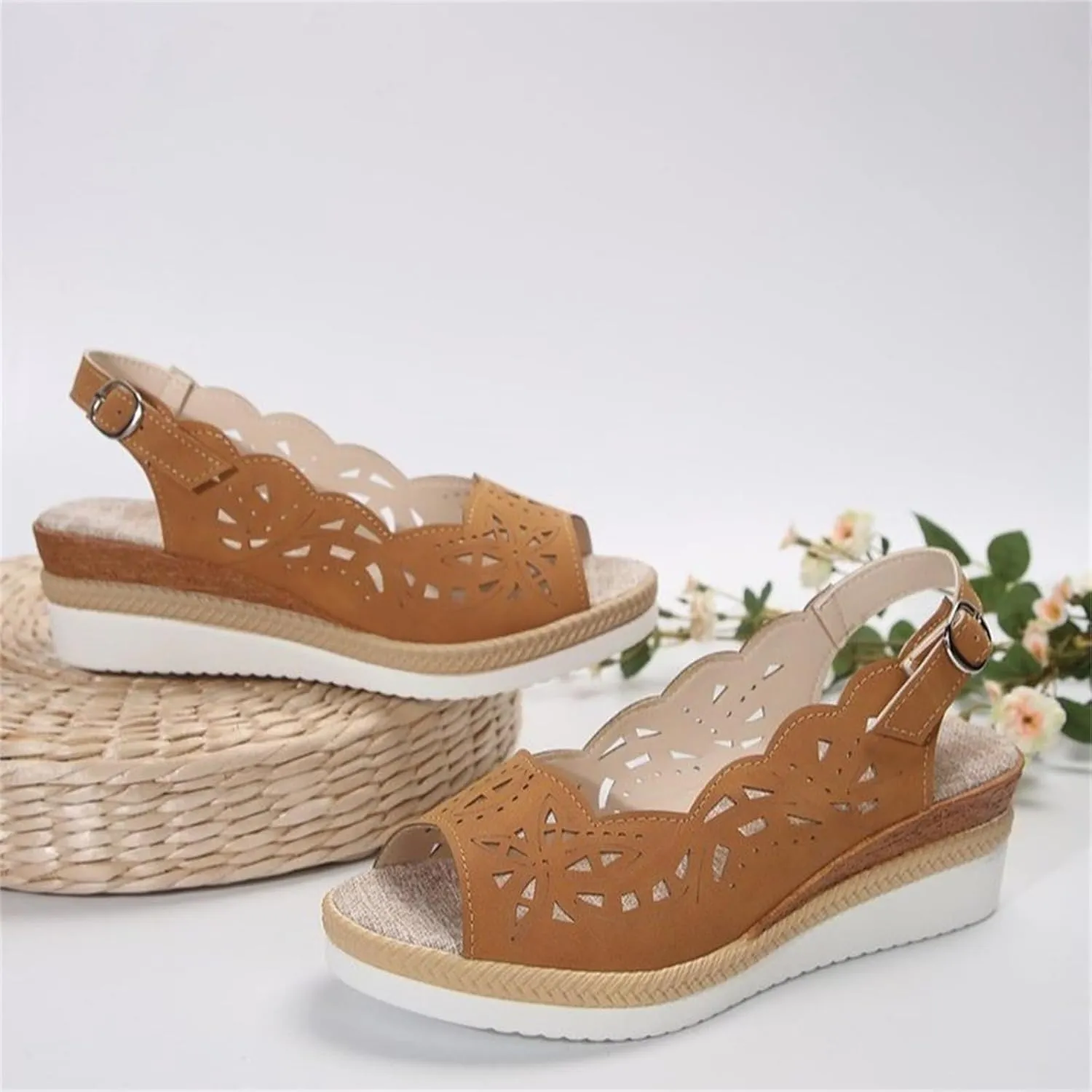 Women's Slingback Sandal Comfortable Platform Sandals Heel Cut-Out Vamp Peep Toe Buckle Sandals