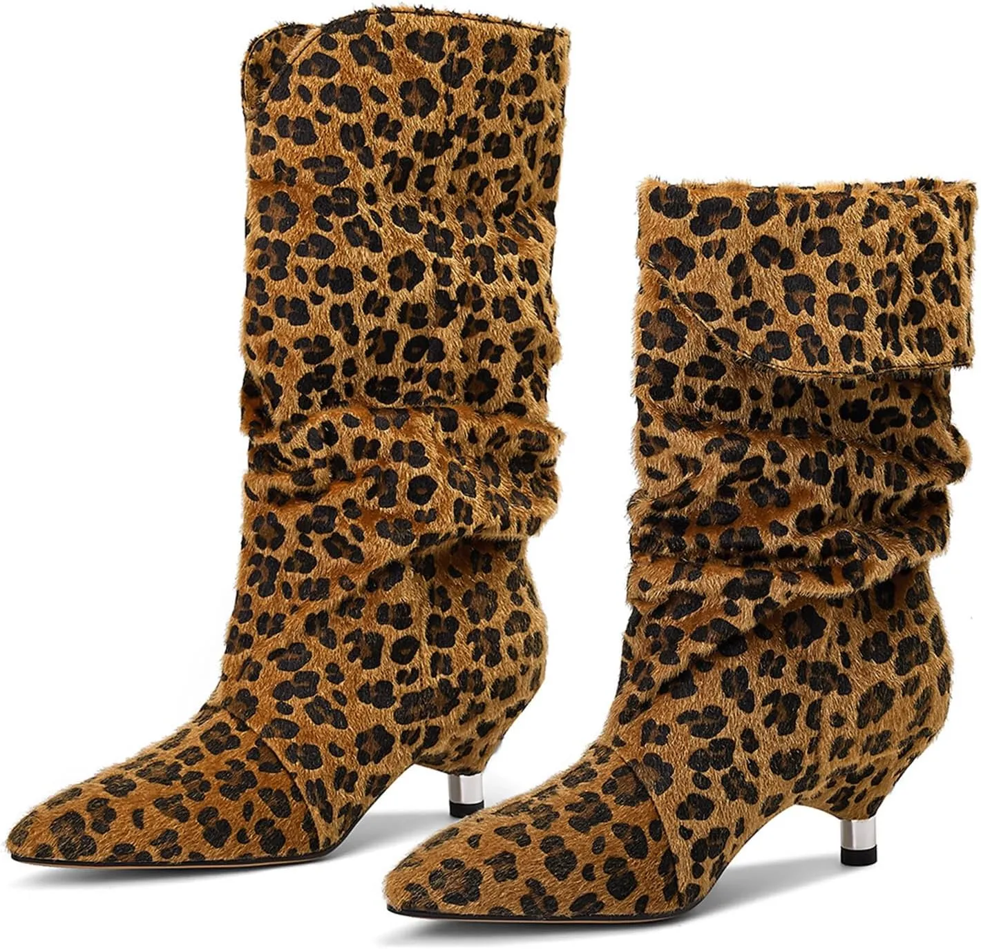 Womens Slouchy Mid Calf Boots for Women Kitten Heel with Pointed Toe Pull On Boots Fall Booties