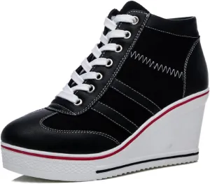 Women's Sneaker Shoes High Heel Fashionable Canvas Shoes High Tube Lace Up Wedge Edge Zipper Slope Angle Shoes Size 4-11