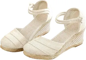 Women's Solid Summer Retro Sandals Adjustable Stretch Wedge Shoe Closed Toe Resort High Heel Elegant Sandal