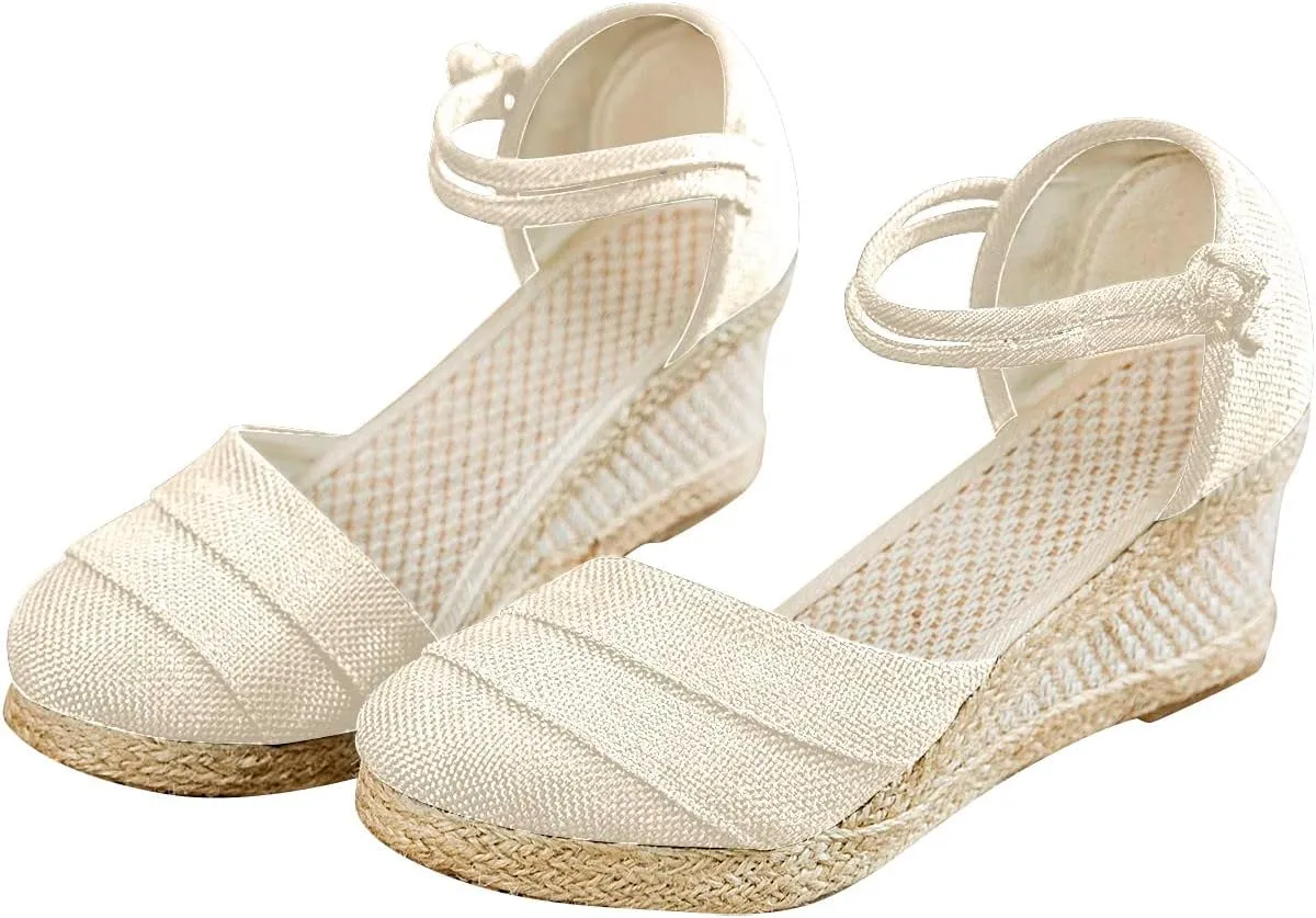 Women's Solid Summer Retro Sandals Adjustable Stretch Wedge Shoe Closed Toe Resort High Heel Elegant Sandal