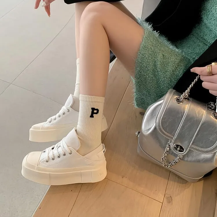Women's Square Toe Thick Bottom Canvas Shoes Summer Casual Sports Slip On Shoes Platform Casual Sneakers