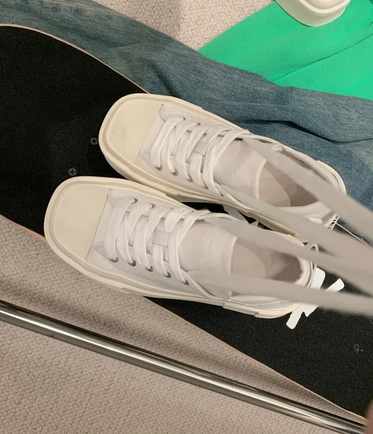 Women's Square Toe Thick Bottom Canvas Shoes Summer Casual Sports Slip On Shoes Platform Casual Sneakers