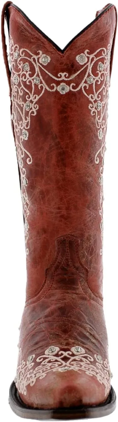 Womens Stella Brown Western Cowboy Boots Floral Embroidered Snip Toe