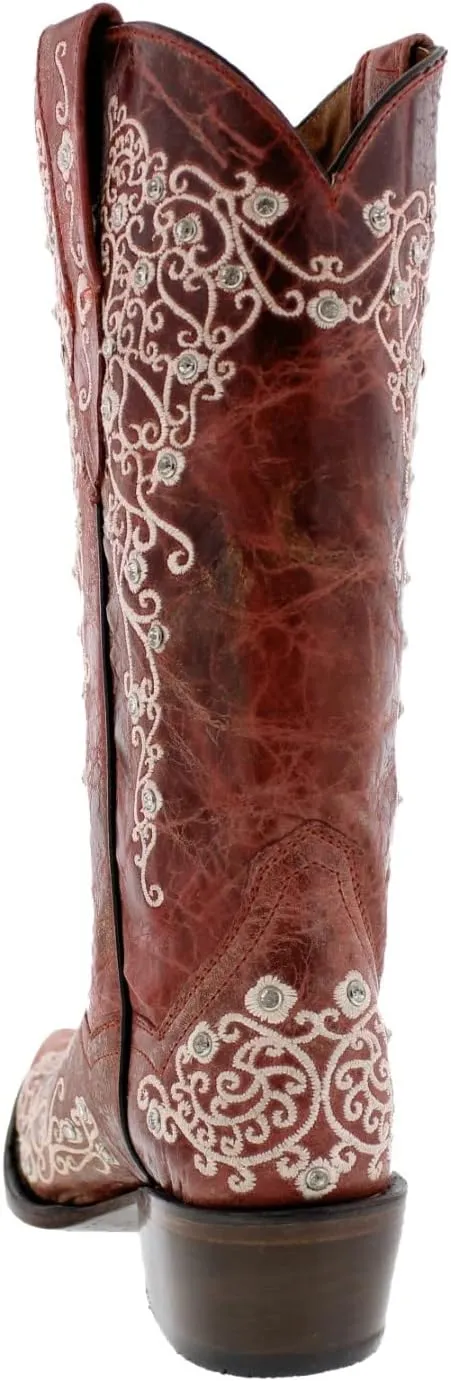 Womens Stella Brown Western Cowboy Boots Floral Embroidered Snip Toe