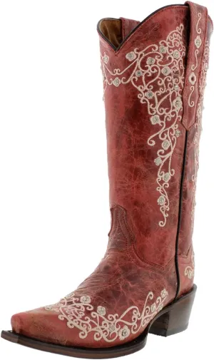 Womens Stella Brown Western Cowboy Boots Floral Embroidered Snip Toe