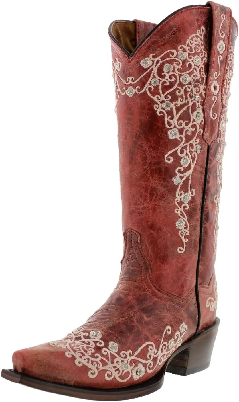 Womens Stella Brown Western Cowboy Boots Floral Embroidered Snip Toe