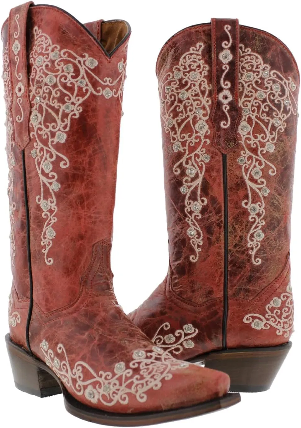 Womens Stella Brown Western Cowboy Boots Floral Embroidered Snip Toe