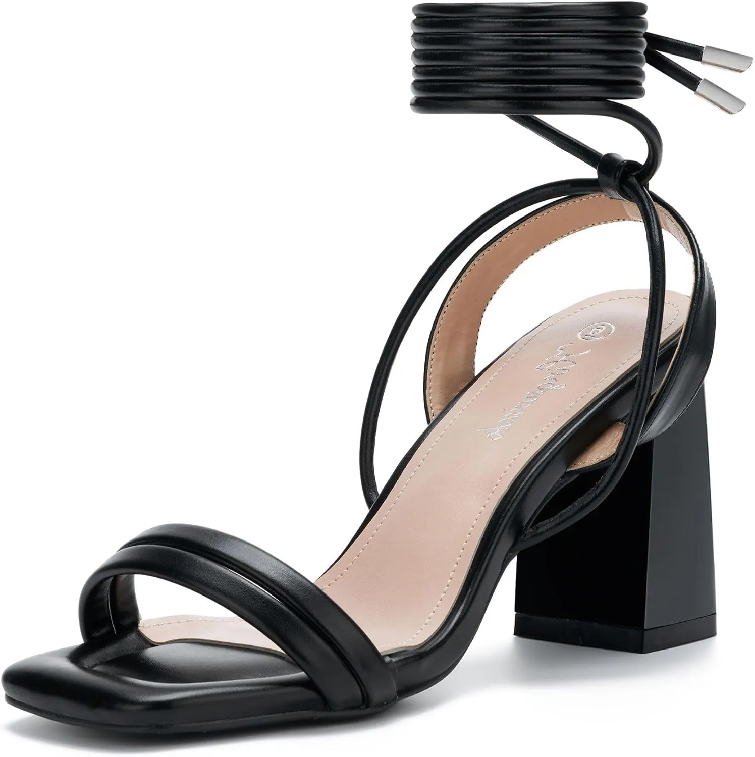Womens Strappy Lace Up Heels 3 Inch Chunky Heels Open Toe Heeled Sandals Square Toe Block High Heels Tie Up Strappy Heels for Women Dressy Sexy Heels