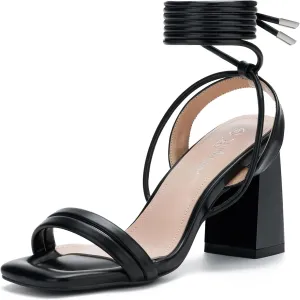 Womens Strappy Lace Up Heels 3 Inch Chunky Heels Open Toe Heeled Sandals Square Toe Block High Heels Tie Up Strappy Heels for Women Dressy Sexy Heels