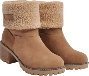 Womens Winter Boots with Fur Lined Snow Fuzzy Ankle Booties Fashion Slip On Warm Shoes Womens Snow Boots Waterproof Insulated High Heel Boot