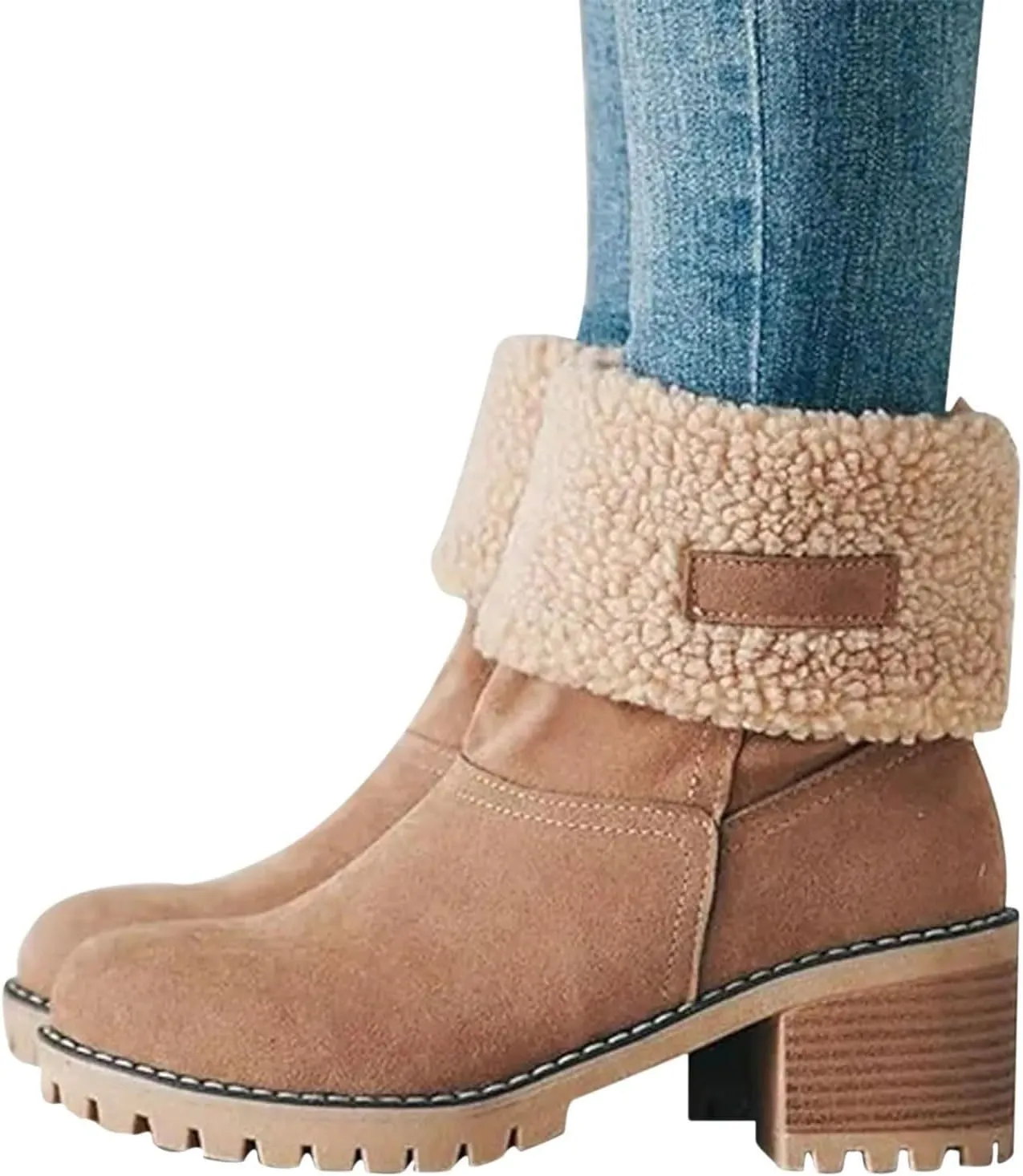 Womens Winter Boots with Fur Lined Snow Fuzzy Ankle Booties Fashion Slip On Warm Shoes Womens Snow Boots Waterproof Insulated High Heel Boot