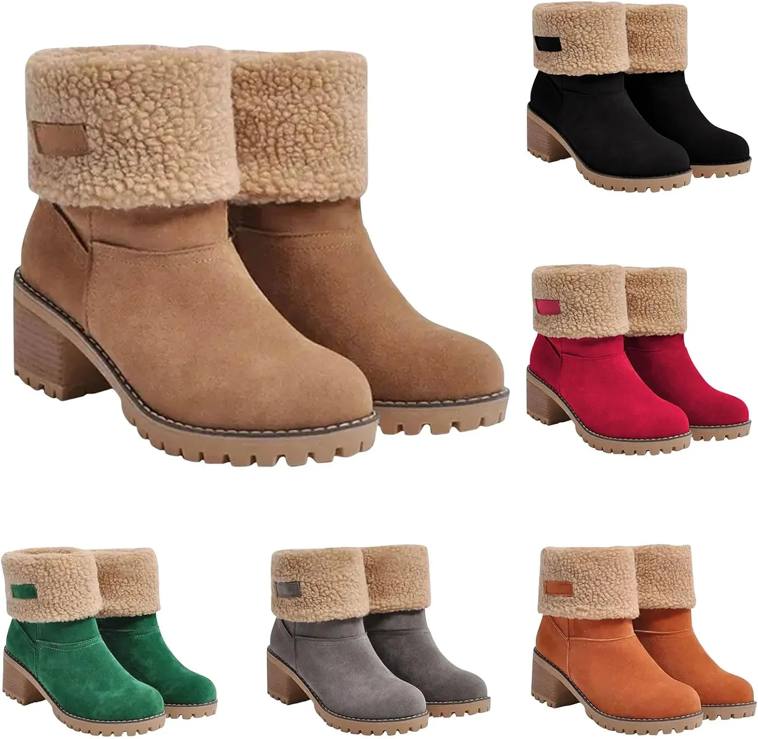 Womens Winter Boots with Fur Lined Snow Fuzzy Ankle Booties Fashion Slip On Warm Shoes Womens Snow Boots Waterproof Insulated High Heel Boot