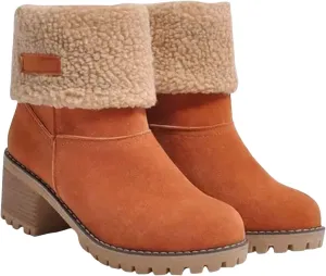 Womens Winter Boots with Fur Lined Snow Fuzzy Ankle Booties Fashion Slip On Warm Shoes Womens Snow Boots Waterproof Insulated High Heel Boot