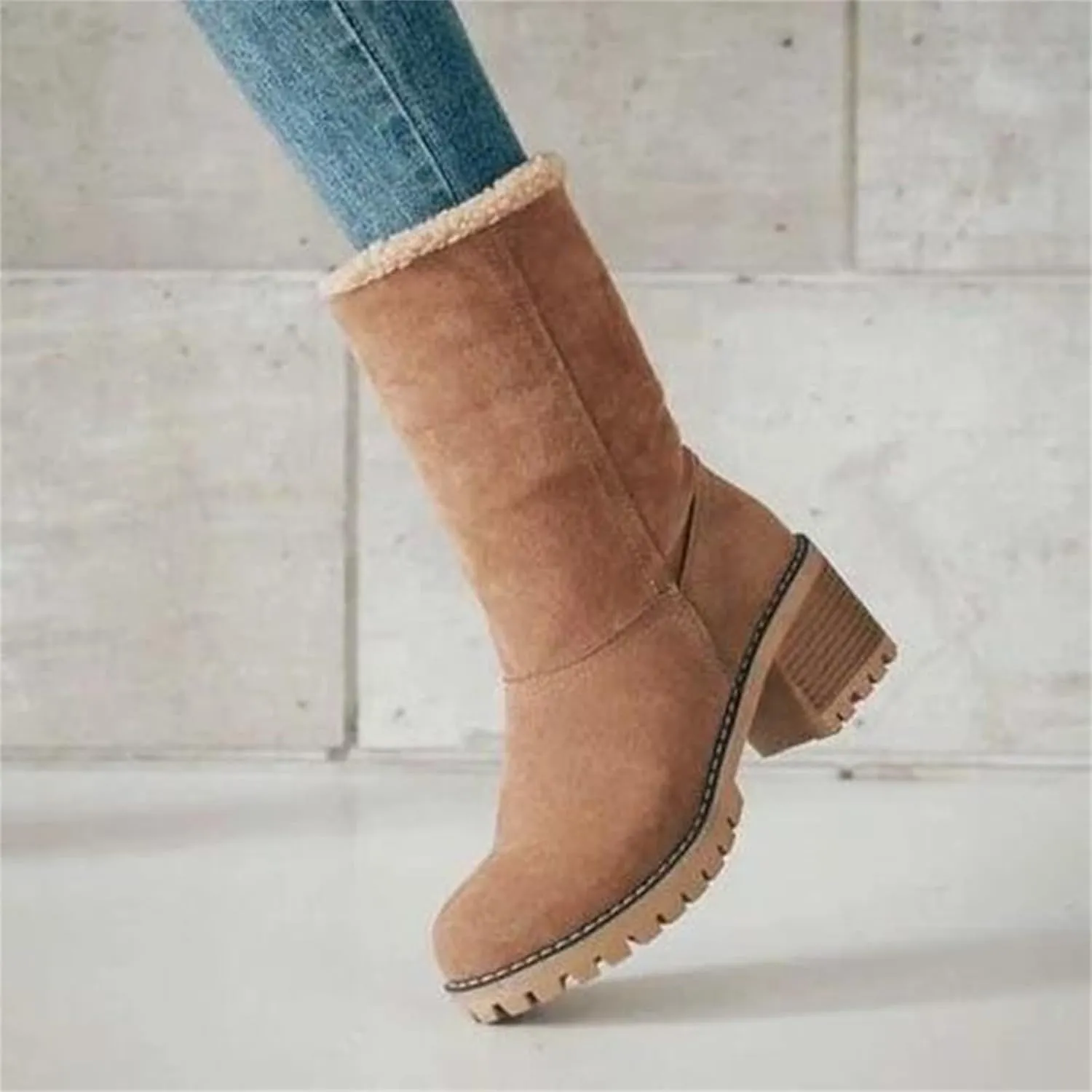 Womens Winter Boots with Fur Lined Snow Fuzzy Ankle Booties Fashion Slip On Warm Shoes Womens Snow Boots Waterproof Insulated High Heel Boot