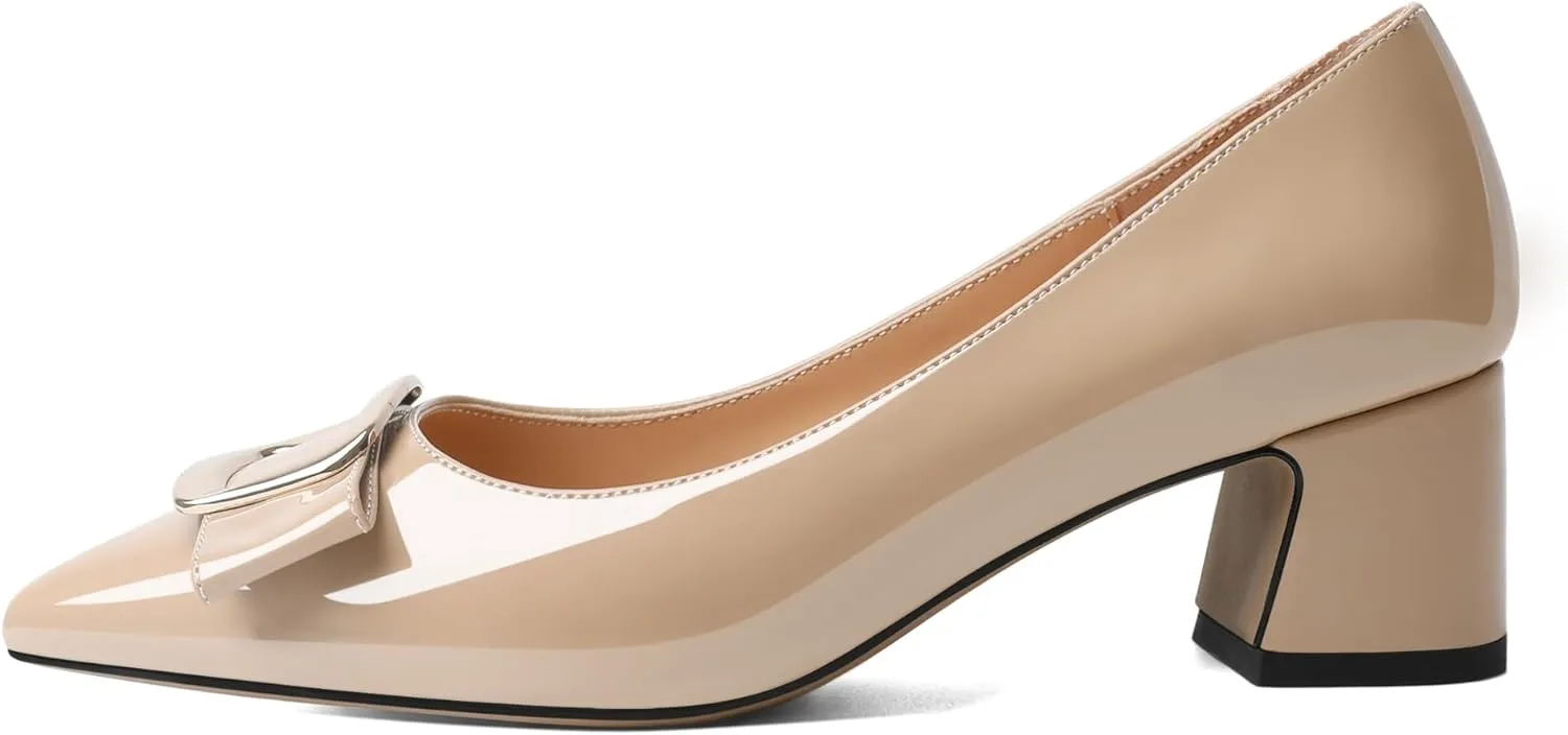 YODEKS Women's Chunky Heels Pointed Toe Low Block Heel Pumps Metal Buckle Bow Comfort Wedding Party Working Daily 2 Inch Dress Shoes