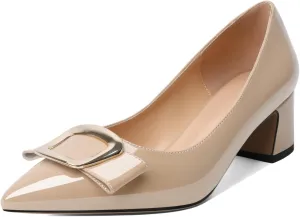 YODEKS Women's Chunky Heels Pointed Toe Low Block Heel Pumps Metal Buckle Bow Comfort Wedding Party Working Daily 2 Inch Dress Shoes