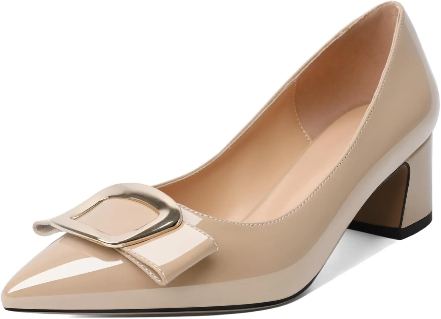 YODEKS Women's Chunky Heels Pointed Toe Low Block Heel Pumps Metal Buckle Bow Comfort Wedding Party Working Daily 2 Inch Dress Shoes