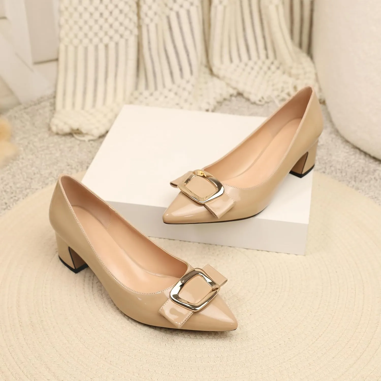 YODEKS Women's Chunky Heels Pointed Toe Low Block Heel Pumps Metal Buckle Bow Comfort Wedding Party Working Daily 2 Inch Dress Shoes