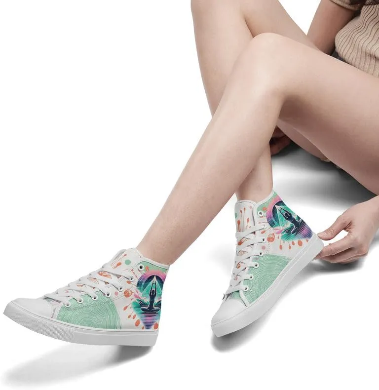 Yoga Printed High-Top Canvas Shoes for Women Unisex Fashion Lace Up Sneakers Casual Walking Tennis Trainer for Girls