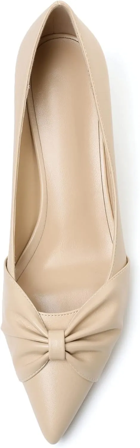 Zamikoo Women's Low Kitten Heel Pumps Slip On Pointed Toe Shoes with Bow-Knot Dress Shoes for Women 2Inches Low Heel