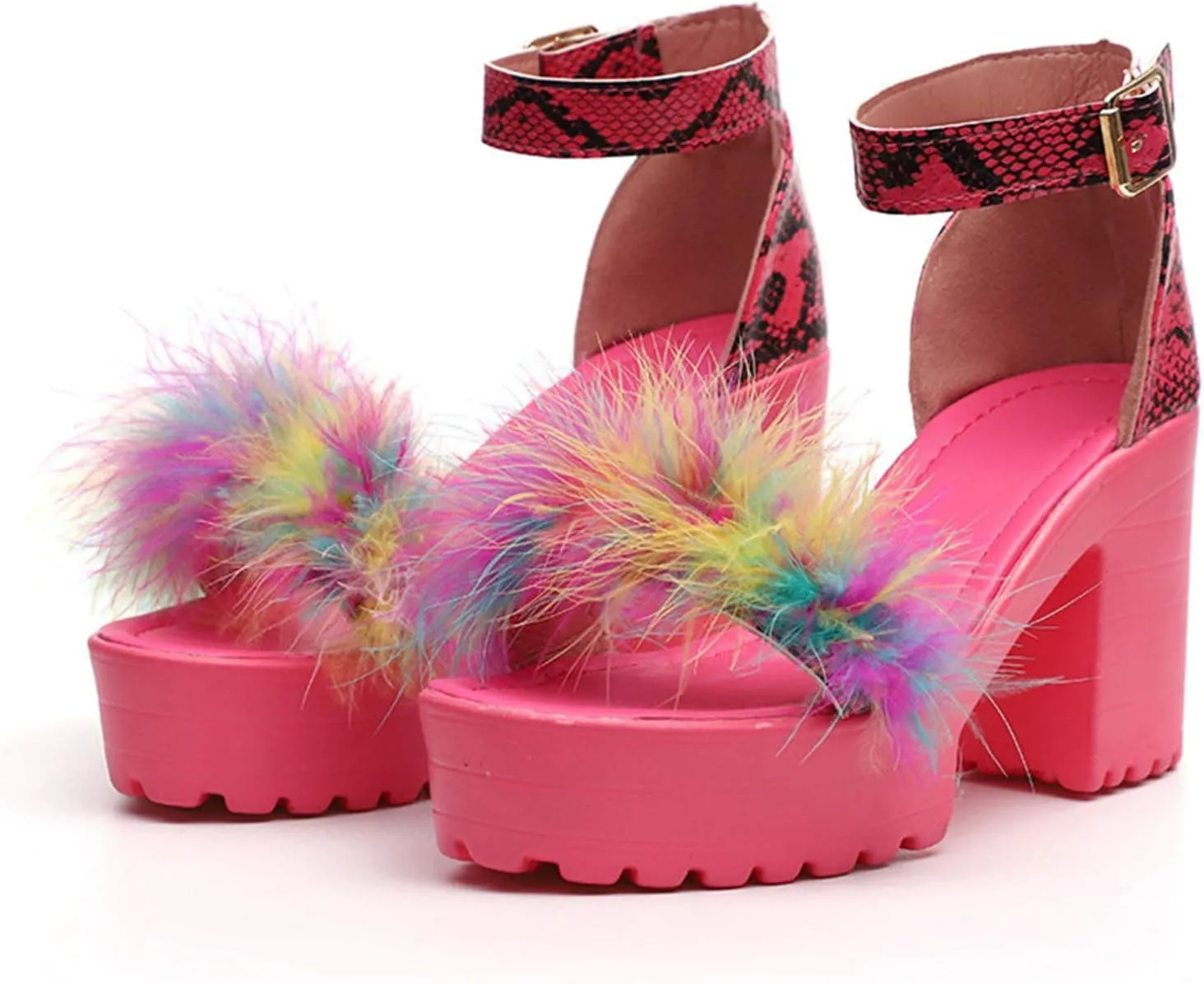 ZBYY Women's Summer Shoes Chunky Heel Sandals Ankle Strap Open Toe Fluffy Feather Dressy High Heeled Platform Dress Shoes