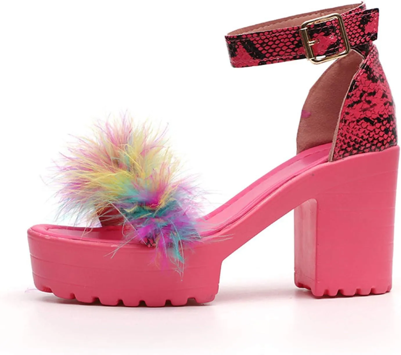 ZBYY Women's Summer Shoes Chunky Heel Sandals Ankle Strap Open Toe Fluffy Feather Dressy High Heeled Platform Dress Shoes