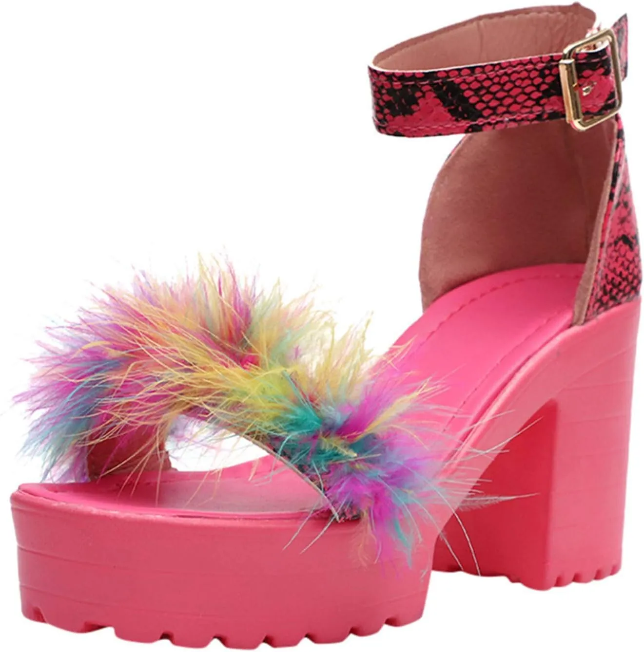 ZBYY Women's Summer Shoes Chunky Heel Sandals Ankle Strap Open Toe Fluffy Feather Dressy High Heeled Platform Dress Shoes