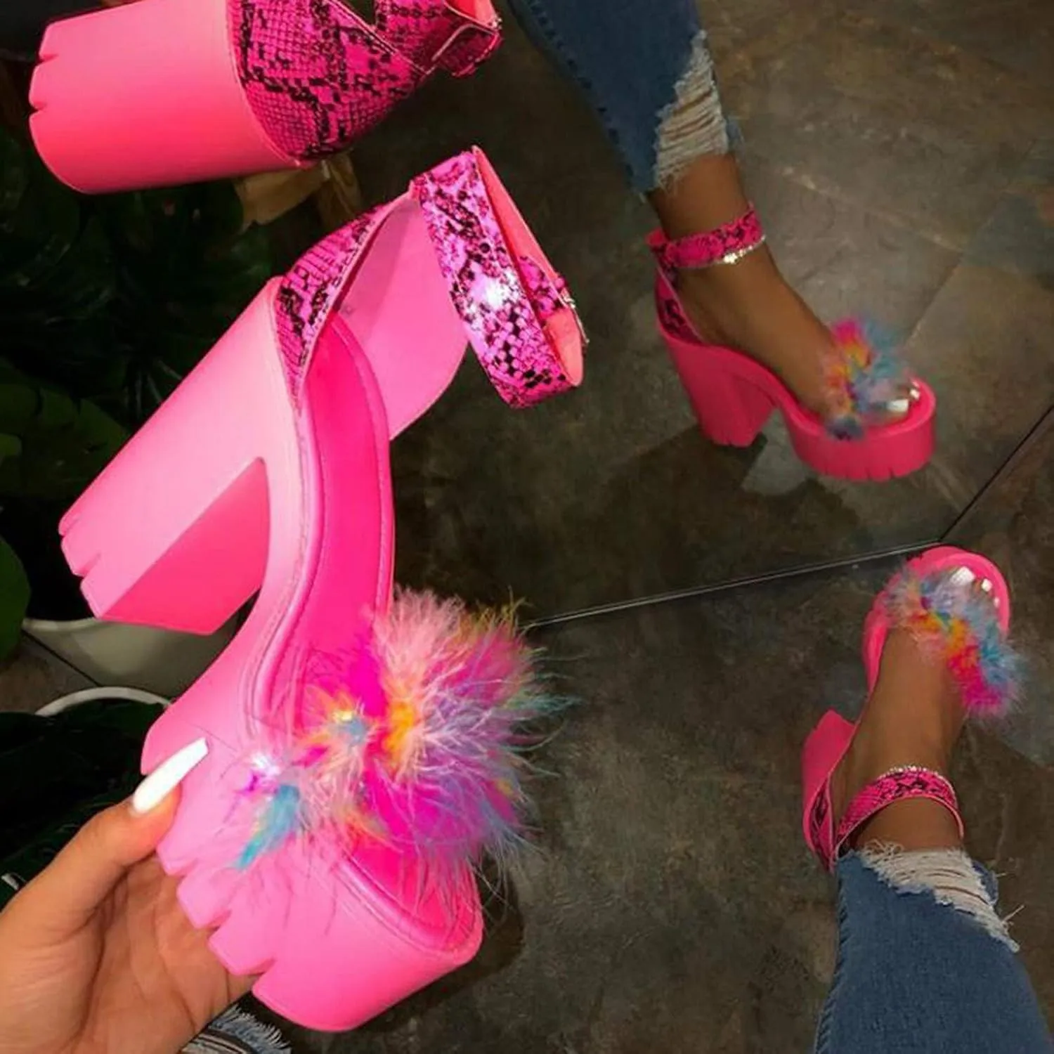ZBYY Women's Summer Shoes Chunky Heel Sandals Ankle Strap Open Toe Fluffy Feather Dressy High Heeled Platform Dress Shoes