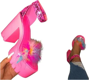 ZBYY Women's Summer Shoes Chunky Heel Sandals Ankle Strap Open Toe Fluffy Feather Dressy High Heeled Platform Dress Shoes